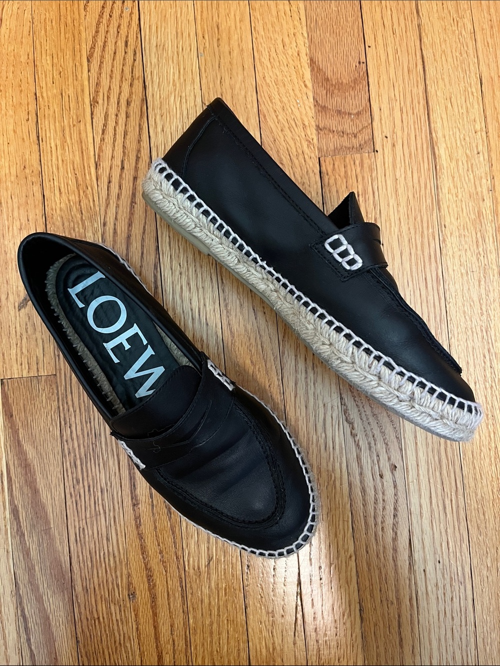 Loewe Black Leather Espadrille Slip-On Loafers with Natural Jute Sole